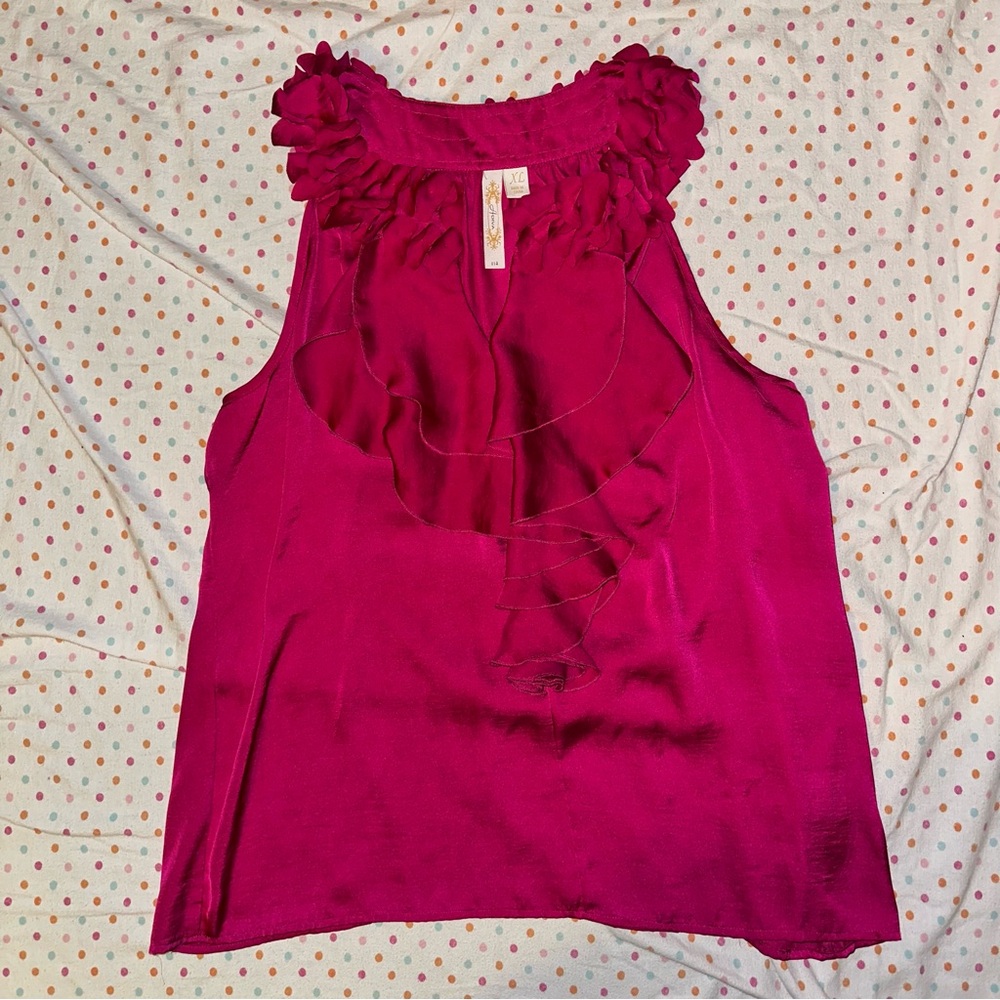 Adiva Fuschia Satin Blouse - XL, Sleeveless, Ruffled Floral Neckline